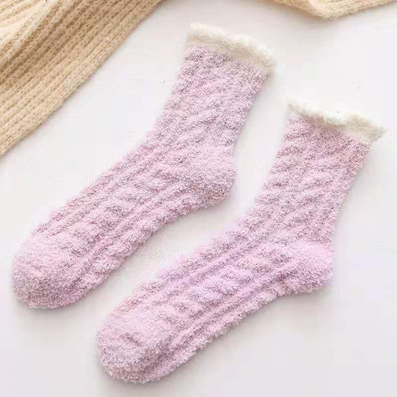 Coral Fleece Socks Women's Autumn and Winter Thickened Twist Half Fleece Socks Adult Home Floor Confinement Plush Sleep Socks
