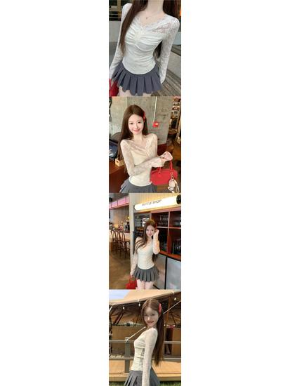 Available: Pure Desire V-Neck Long-Sleeve Lace Shirt for Women - Slimming, Fashionable, Versatile Short Inner Wear.