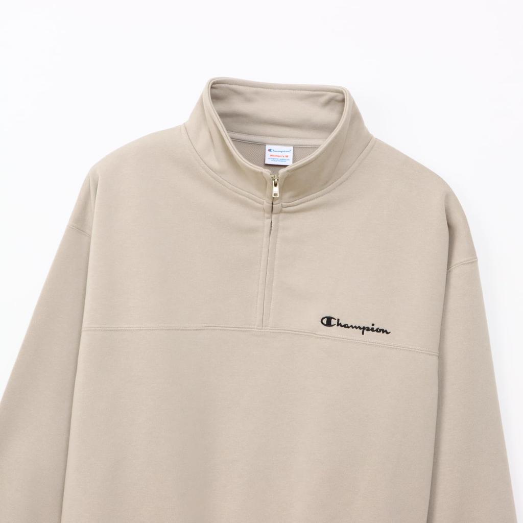 Champion TECH TERRY HALF ZIP SWEATSHIRT Long Crew Stretch USA Script Logo Sand Beige Women's WEAVE(R) (CW-BS001), Sleeve, Neck, Quick-Drying, Cotton,
