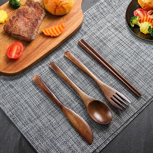 YFWOOD 5-Piece Cutlery Set: Fork, Spoon, Chopsticks, Knife, and Storage Bag, 16cm Long, Made of Natural Wood with Genuine Lacquer Finish, Lightweight,
