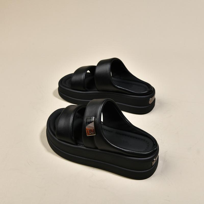 

One-word slippers women s summer wear new muffin small thick-soled sandals with skirts casual beach shoes 40 чёрный