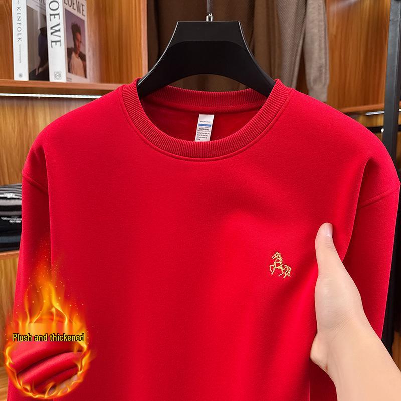 2025 Year of the Horse Men's Red Hoodie - Winter Warmth, Plus Velvet, Thickened, Round Neck