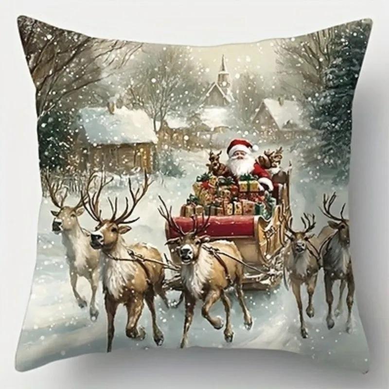 Christmas Pillowcase, Santa Claus Snowman Pattern Pillowcase, Warm Oil Painting Style Sofa, Home Decoration
