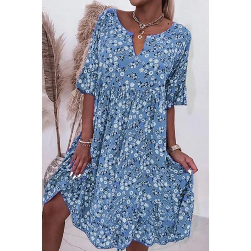VEZFAA Damenmode Sommer Frühling Blumenmuster Druck 1/2 Ärmel V-Ausschnitt Lockere Taille Freizeitkleider