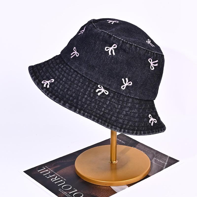 

Вышитая шляпа-панама с бантом, детская летняя новая уличная солнцезащитная шляпа, ретро джинсовая шляпа-ведро One Size