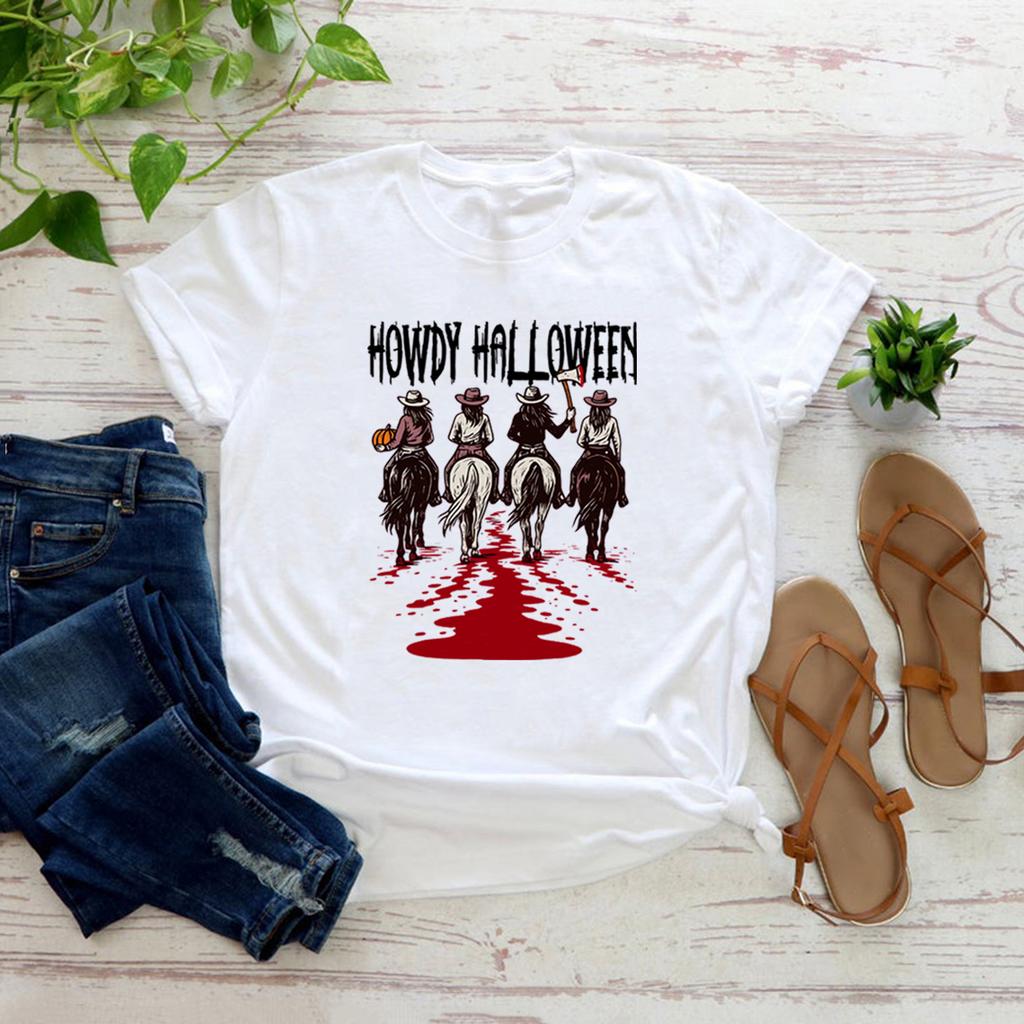 Howdy Halloween T-shirt Western Halloween Girls T-Shirt Vintage Short Sleeve Women's Tshirt Funny Cowgirl Tee Streetwear Tops