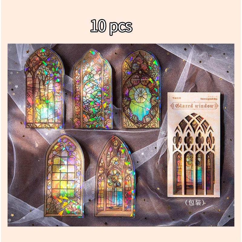 10pcs Large size Flowers Window Stickers Gold Foil Decor Junk Journal DIY Srapbooking Collage Stationery PET Twinkle Stickers