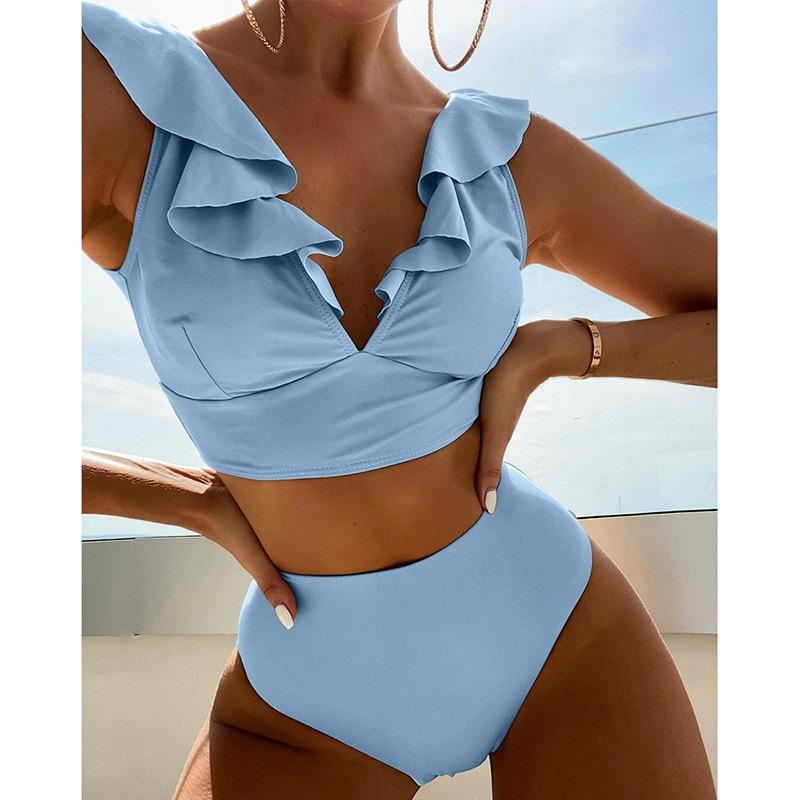 Women Bikini 2 Pieces Solid Color Ruffles Sexy High Waist Bathing Suit Beach Swimwear Female Summer Swimsuit