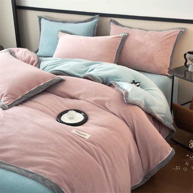 Thickened Milk Fleece Four-Piece Set, Button Coral Fleece Quilt Cover, Bed Three-Piece Set, Fleece Sheet Quilt Cover