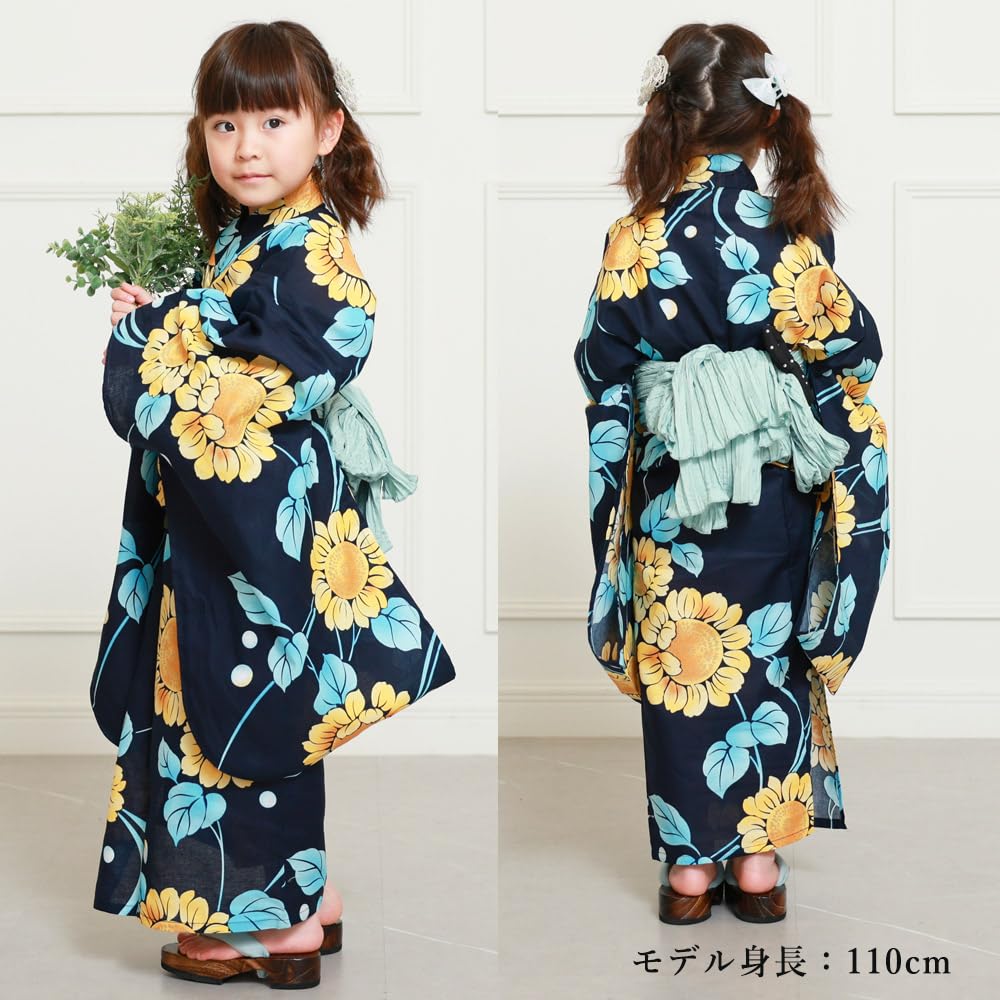 Kyoto Kimono Yuzen Girls' 2-Piece Yukata Set with Obi, Cotton, Summer, Kids' Floral Print, Dark Navy (Sunflower) Kimono, 130cm