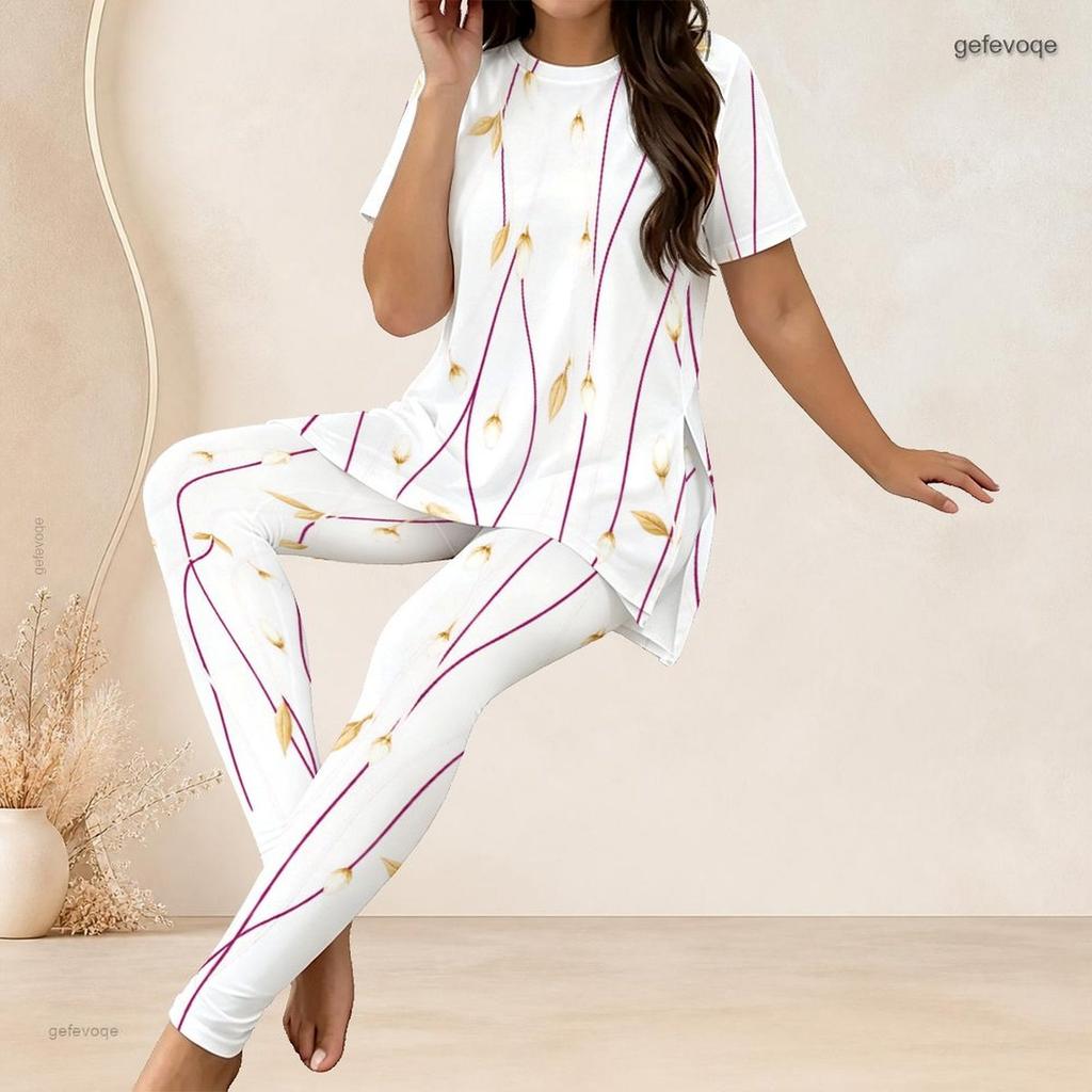 Women Plus Size Floral Printed Round Neck Short Sleeve Long Top And Fitted Pants Two Piece Set