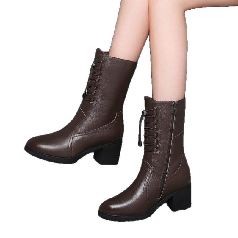 Neue Weiche Lederschuhe für Damen, Fleece und Warm, Mittelhoher Absatz, Klobiger Absatz Damenstiefel, Halbwadenstiefel