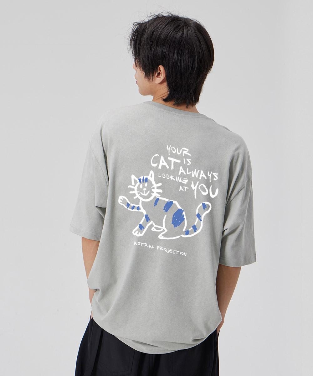 Astral Projection [Doodle Cat] Cotton Loose Fit Short Sleeve T-Shirt_Dusty Mint M