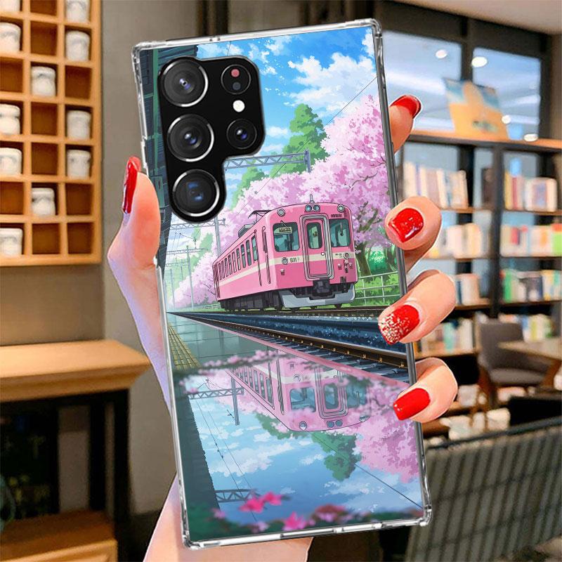 Retro Japanese Sakura Train Phone Case For Samsung Galaxy S26 S25 Edge S24 Ultra S23 S22 Plus S21 S20 FE Soft Fundas Shell Galax