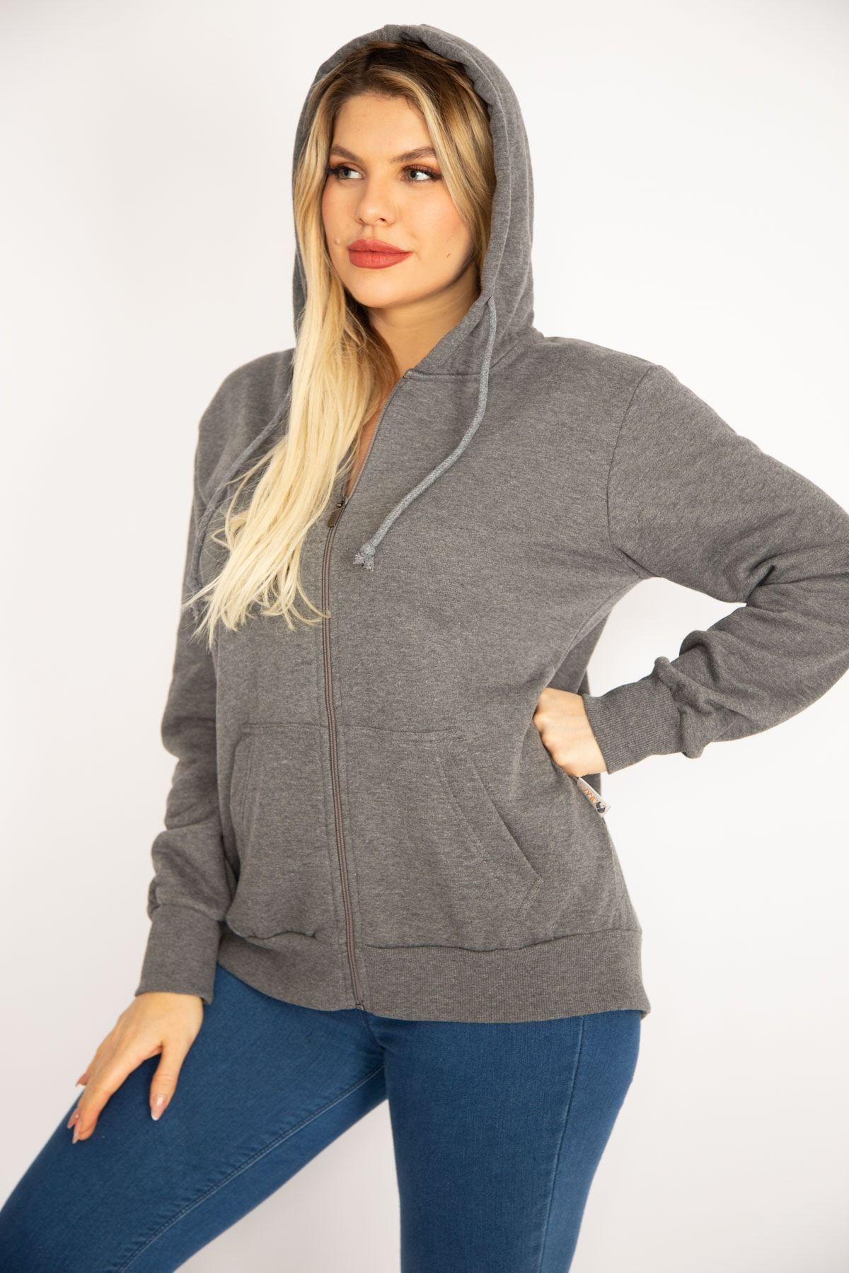 

Women s Style Big Size Sweatshirt Gray Sweatshirt With Double Zipper On The Back And Snap Buttons And Front Zipper With Ribbon Inside 3XL