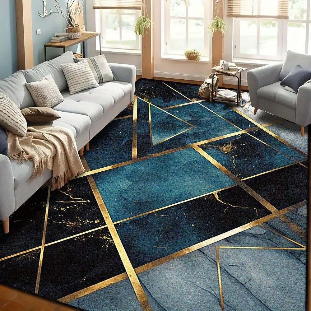 Modern Luxury Teal & Gold Geometric Area Rug, Marble Texture 2D Flat Printed Floor Mat, Non-Slip Washable Living Room Carpet