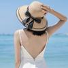 Women's Korean-style straw hat with large brim and bow, face-shading sun hat for outdoor beach use, UV protection, sun-proof straw fisherman hat