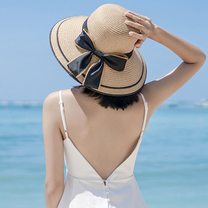 Women's Korean-style straw hat with large brim and bow, face-shading sun hat for outdoor beach use, UV protection, sun-proof straw fisherman hat