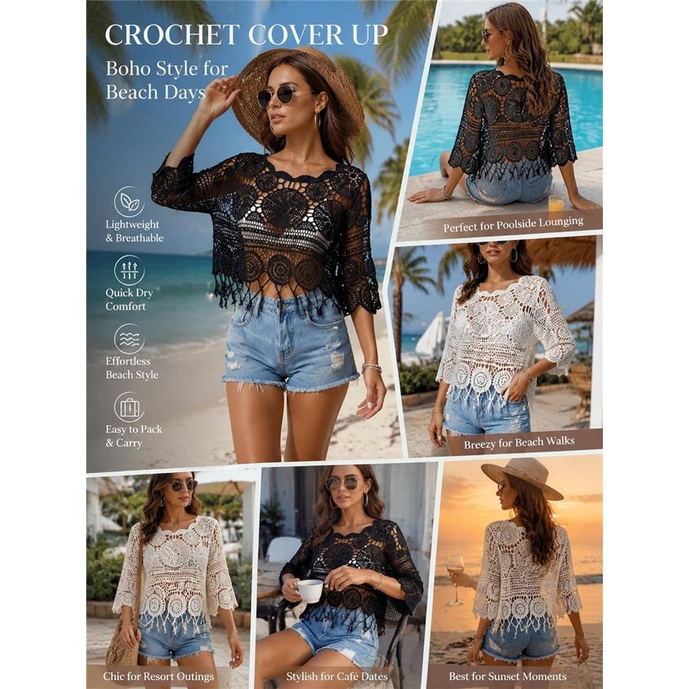 Damen Uni Fransen Cut-Out Durchsichtiges Überwurf-Boho Muschelsaum 3/4 Ärmel Strand Sarong für Urlaub Pool
