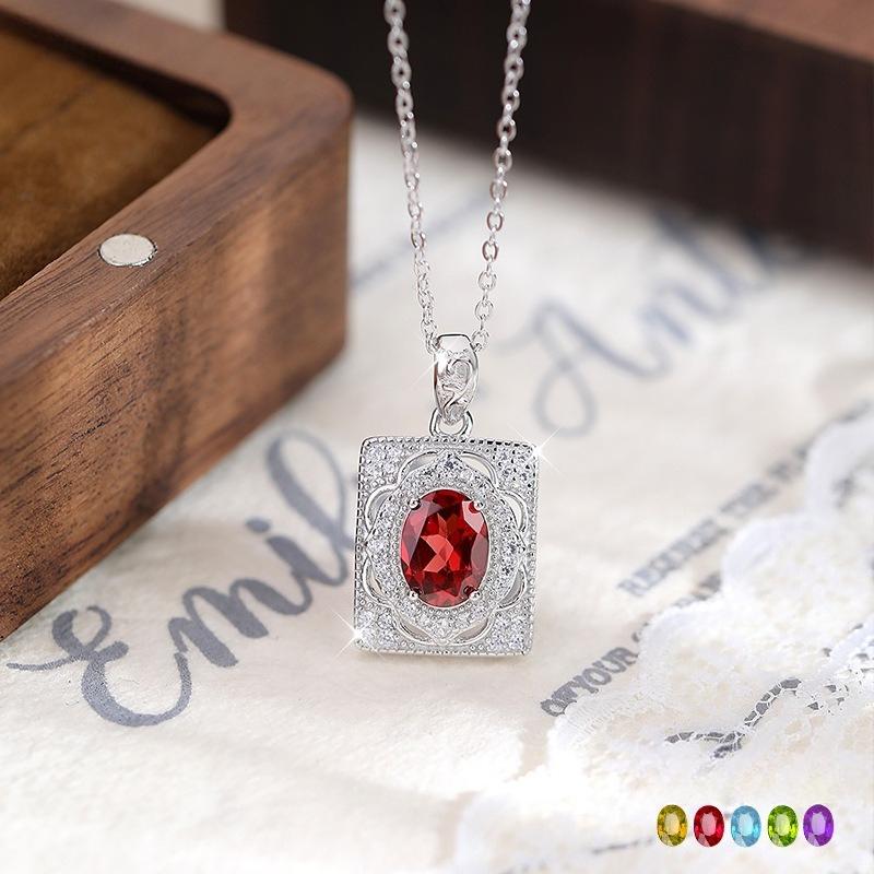 S925 Pure Silver Inlaid with Natural Topaz, Yellow Crystal, Garnet, Colorful Treasure Necklace for Women, Simple Retro High-end Pendant