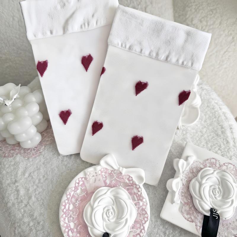 JK White High Tube Socks Love Heart Printing Stockings Fashion Sexy Lolita Elastic Sock Girls Red Butterfly Knot Long Stocking