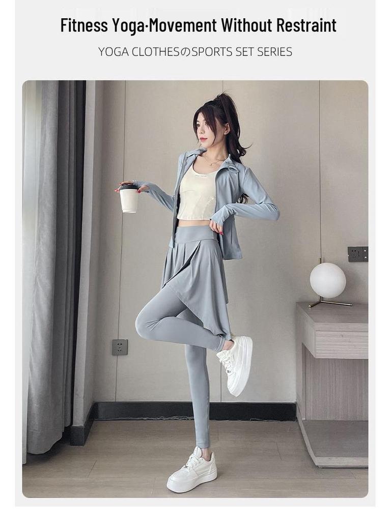 Women's Autumn 2024 Yoga and Sportswear Set: Running Jacket, Tennis/Badminton Skirt, and Fitness Pants