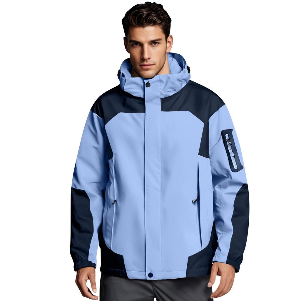 Men Solid Stripe Rain Jacket Outdoor Plus Waterproof Hooded Raincoat Windproof