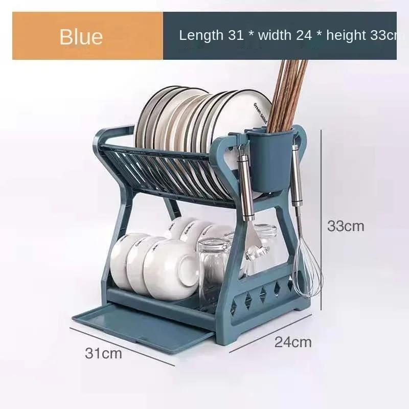 2021 New Double-layer Kitchen Dish Bowl Draining Storage Rack with Chopstick Cage Household Tableware Organizer Tray Box Basket
