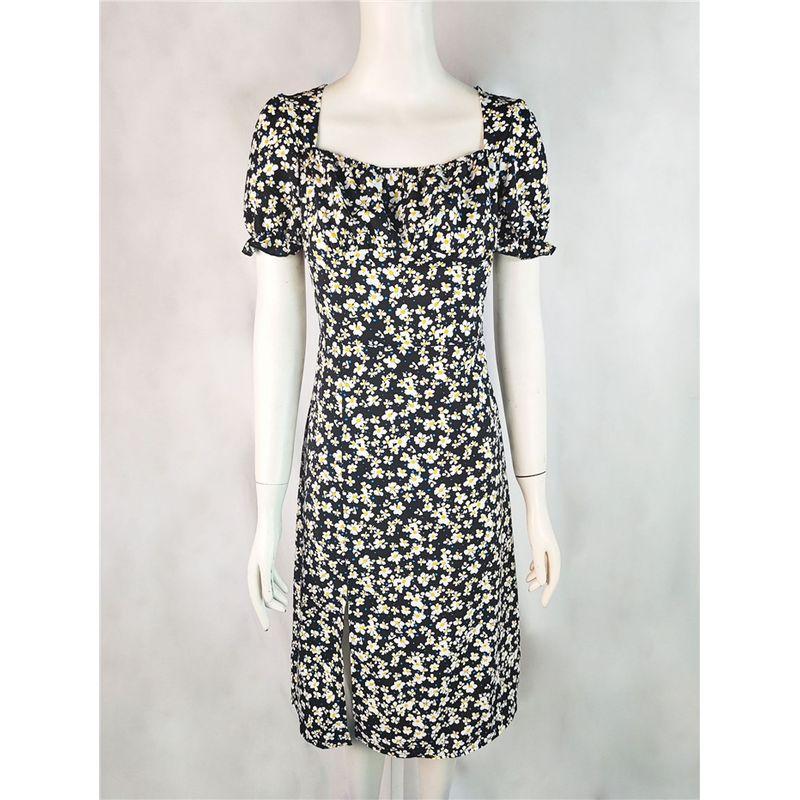 Fashion Slim Fit Split Short Sleeve French Style Floral Full Body Dress Sexy Slim Floral Slit Dress
