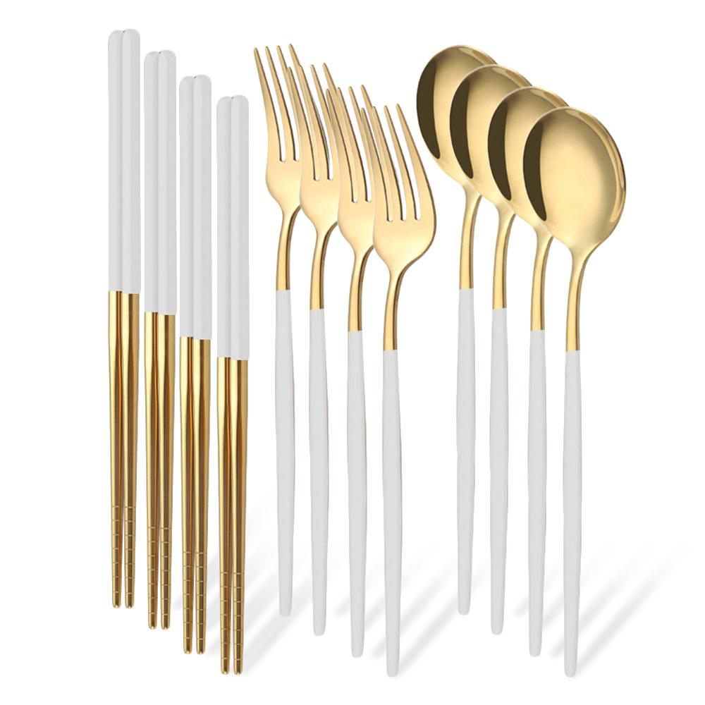 12Pcs/Set Western Golden Stainless Steel Cutlery Set Mirror Dinnerware Set Fork Spoon Chopsticks Tableware Flatware Set