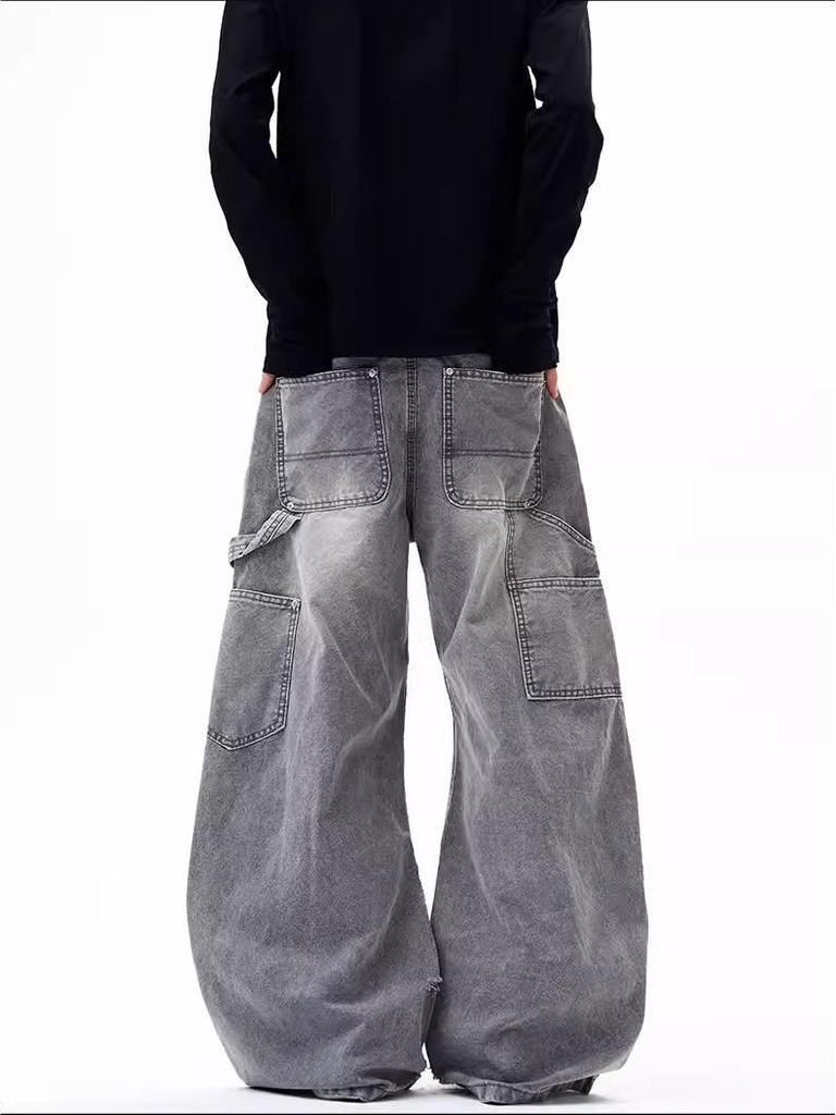 Trendy Unisex Retro Washed Lumberjack Overalls: Loose, Distressed, Straight-Leg Casual Pants