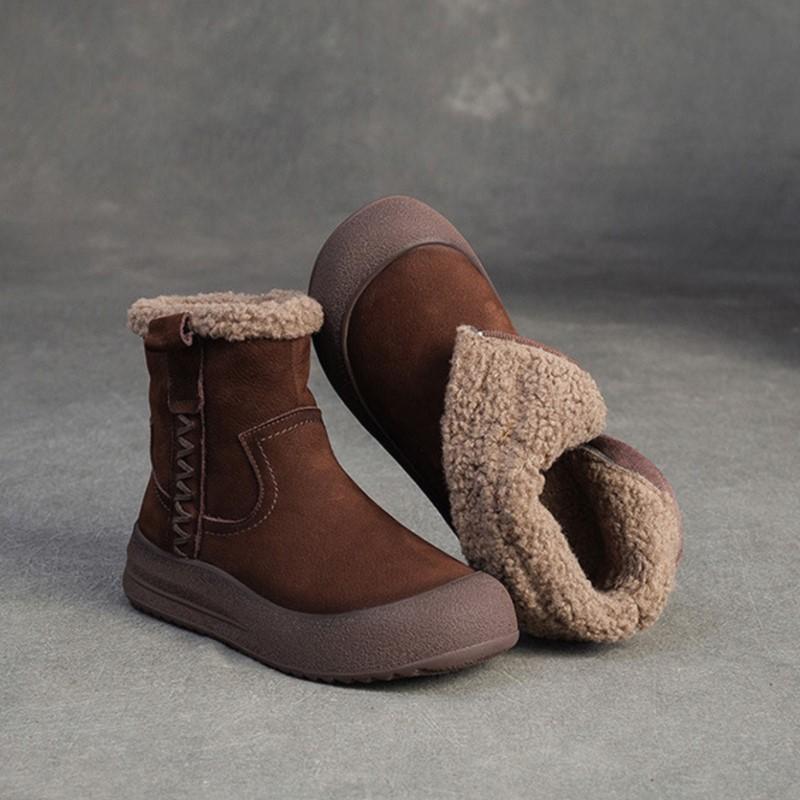 Johnature Plush Warm Retro Genuine Leather Thick Bottom Short Boots Versatile Soft Soled Women's Shoes