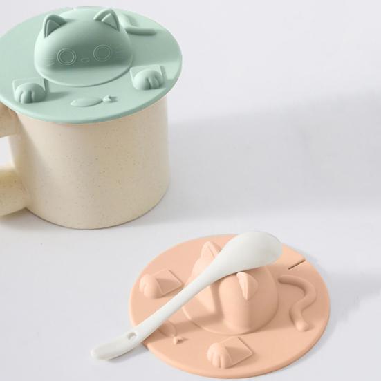 Silicone Cup Lid Heat Resistant Non-Slip Cat Head Design Cup Insulator Lid with Tea Bag Holder Dishwasher Safe Cup Cover for Coffee Milk Tea