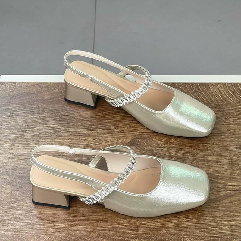Thick Heel Mary Jane Bag Head Sandals Women's Summer New Rhinestone Word with Square Head Light Mouth Sandals