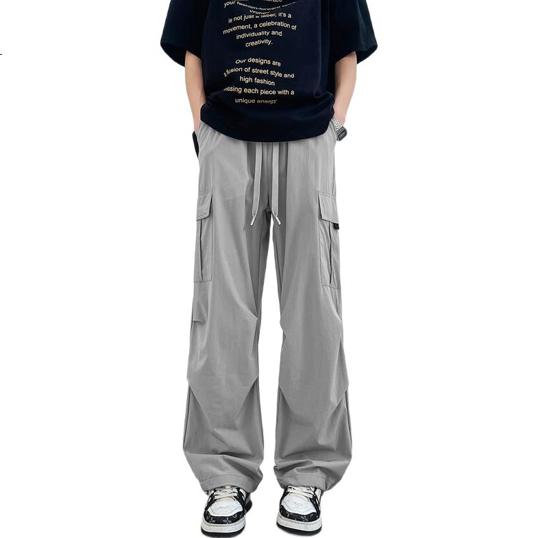 Homlean American-Style Wide-Leg Paratrooper Cargo Pants for Men, Spring Outdoor Sports Versatile Heightening Straight-Leg Trousers KMX05 Black 2XL