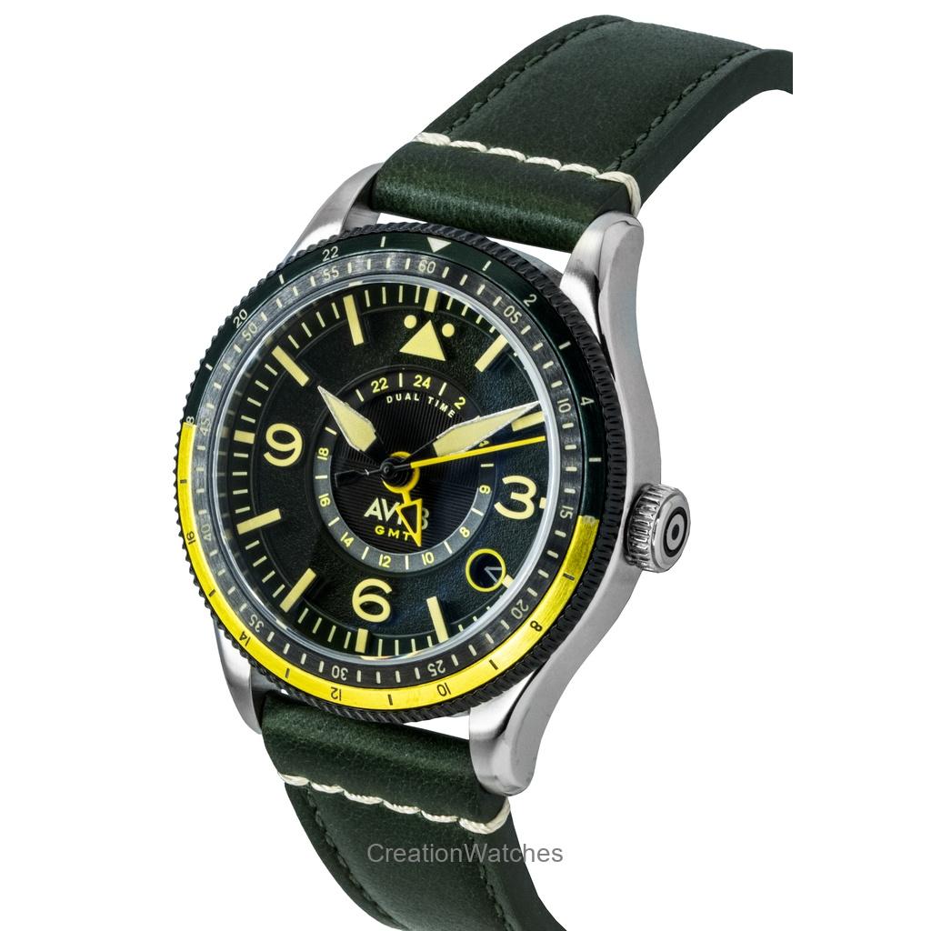 AVI-8 Flyboy Airmaster GMT Fuselage Green Leather Strap Green Dial Automatic AV-4128-03 Men's Watch
