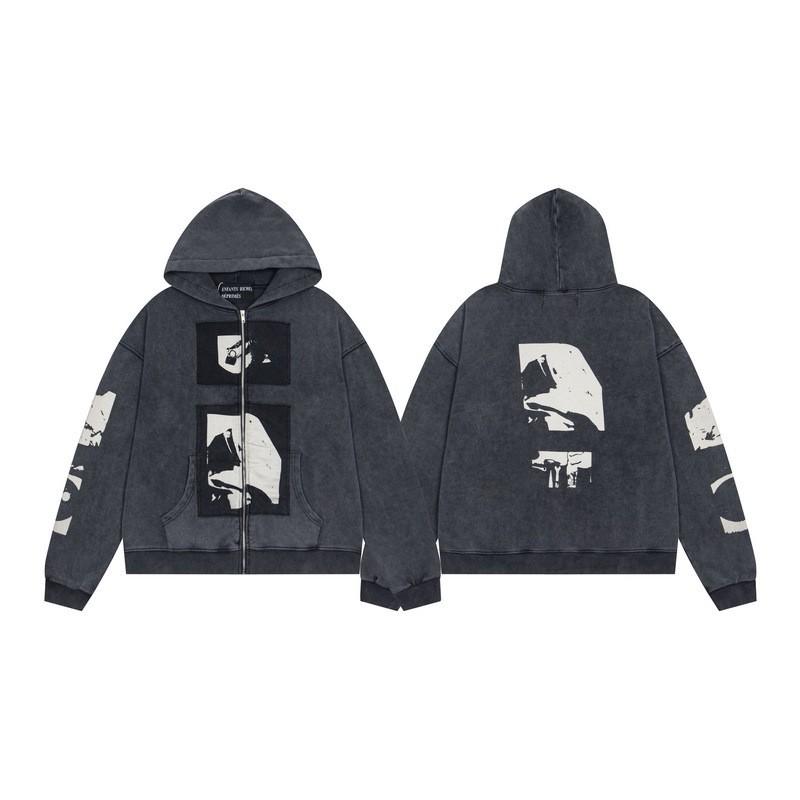 Erkek Geniş Kesim Pamuklu Kapüşonlu Fermuarlı Sweatshirt Sokak Giyim Günlük Harf Baskılı Uzun Kollu Tişört