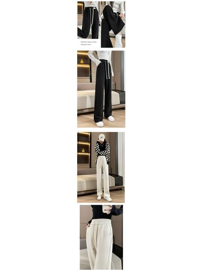 2025 New Fleece-Lined Thick Wide-Leg Straight Pants - Plus Size, Slimming, Casual Sportswear for Autumn/Winter
