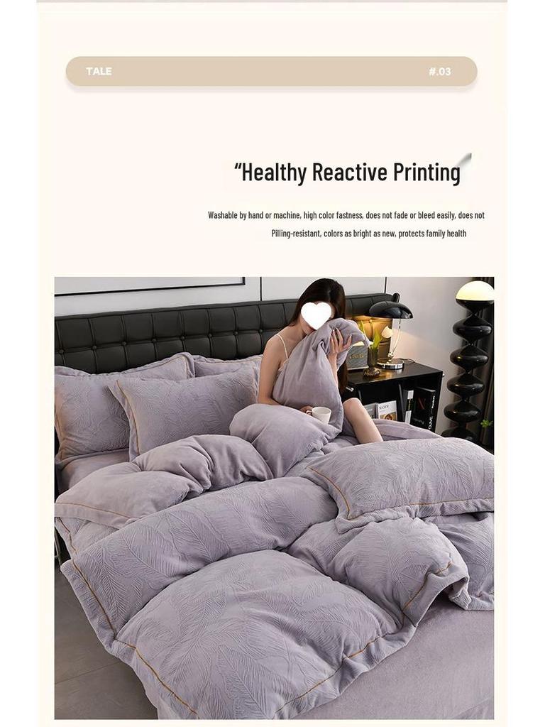 G5Z2025 Autumn/Winter Milk Velvet 4-Piece Solid Color Luxury Carved Bedding Set with Fitted Sheet.