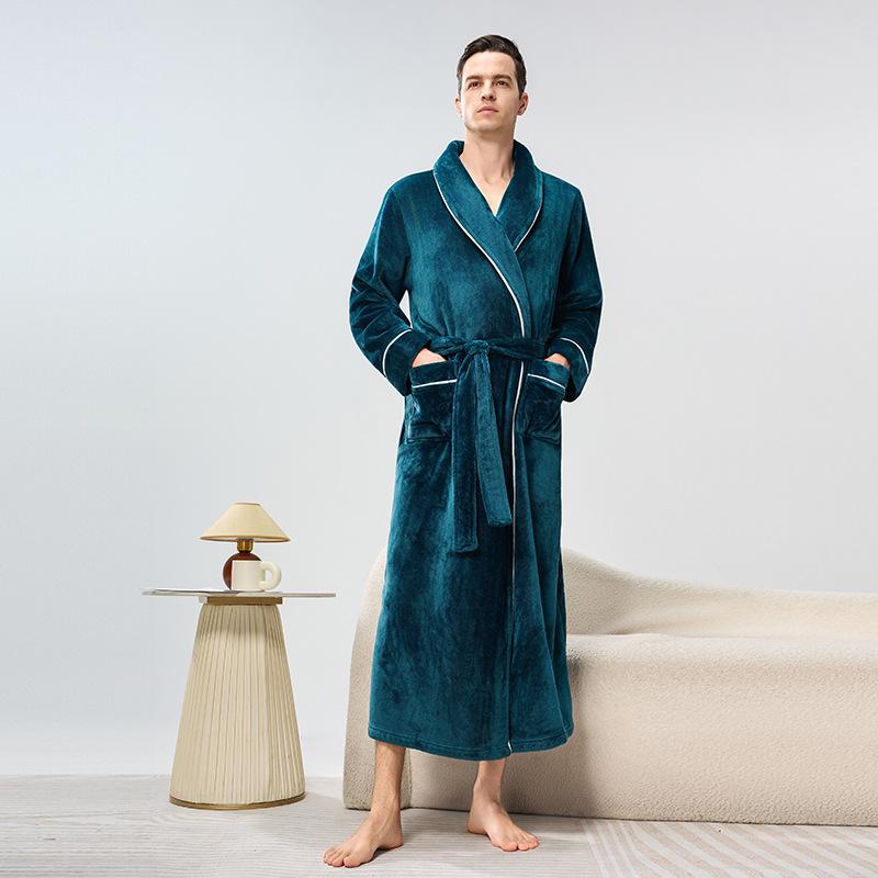 Men's Shawl Collar Robes Full Length Fleece Plush Bathrobes Soft Spa House Coat with Pockets Fluffy Spa Robes Unisex Winter Cozy Warm Spa Long Robe
