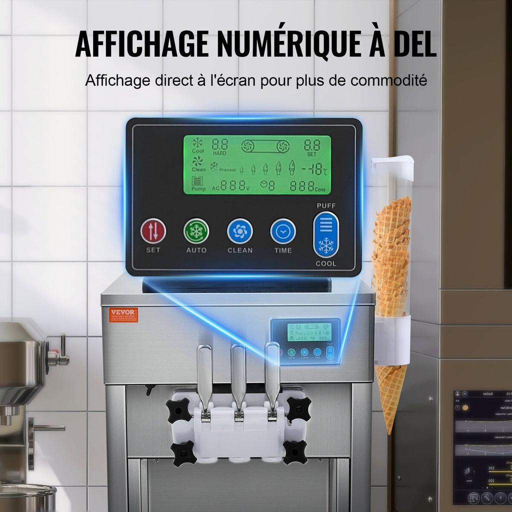 Commercial Soft Serve Ice Cream Machine 20L/H Yield 3 Flavor Countertop