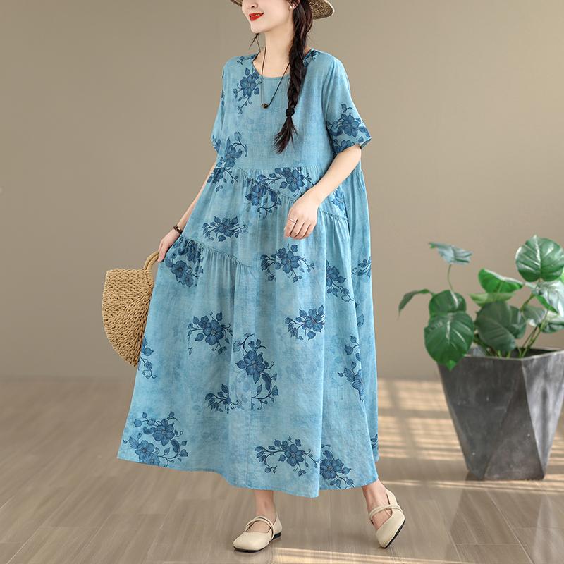 DIMANAF New 2026 Women Plus Size Spring Summer Casual Long Dress Floral Print Cotton Loose Oversize Maxi Beach Sundress