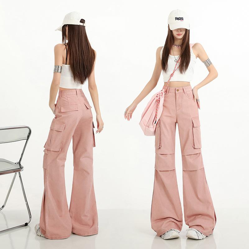 trendy pure cotton tooling casual micro-pull jeans women's loose sticker bag fashion deconstruction splicing non-stick leg flared pants
