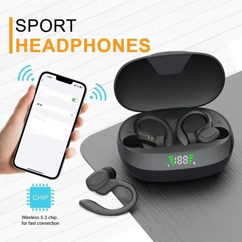 Auricolari Bluetooth SP16 da Appendere all'Orecchio per Sport e Corsa con Lunga Durata della Batteria, Display Digitale, Cancellazione del Rumore