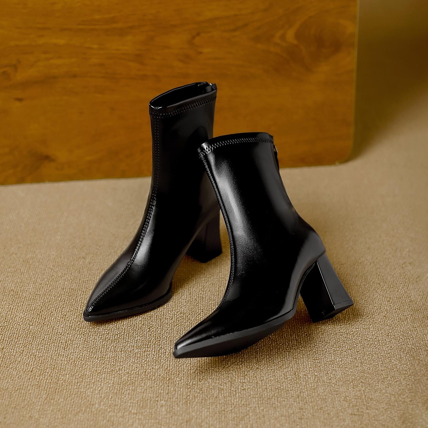 

Pointed thick heel short boots women s autumn and winter new Maillard style versatile simple rear zipper with skirt bare boots thin boots 34 чёрный