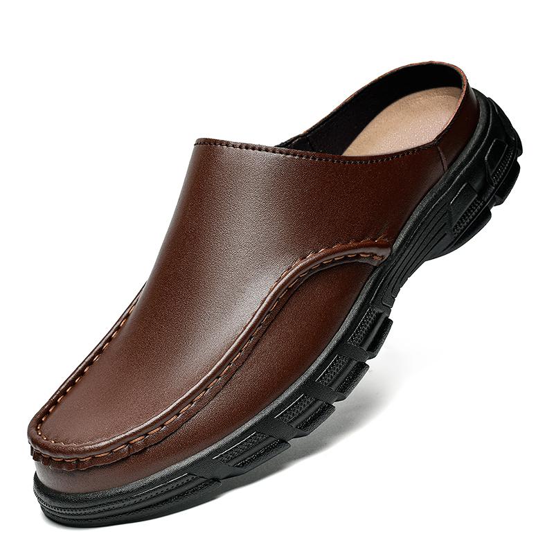New Arrival Casual Shoes Fashion Handmade Leather Driving Slippers Mens Moccasins Slip On Half Flats Male Outdoor Muller Shoes