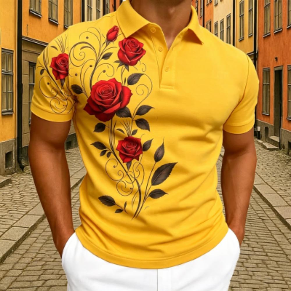 Elegantes Rotes Rosen-Blumenmuster Poloshirt Herren Outdoor Street Kurzarm T-Shirts Oberteil Sommer Zuhause Lässiges T-Shirt Herren und Damen Poloshirt