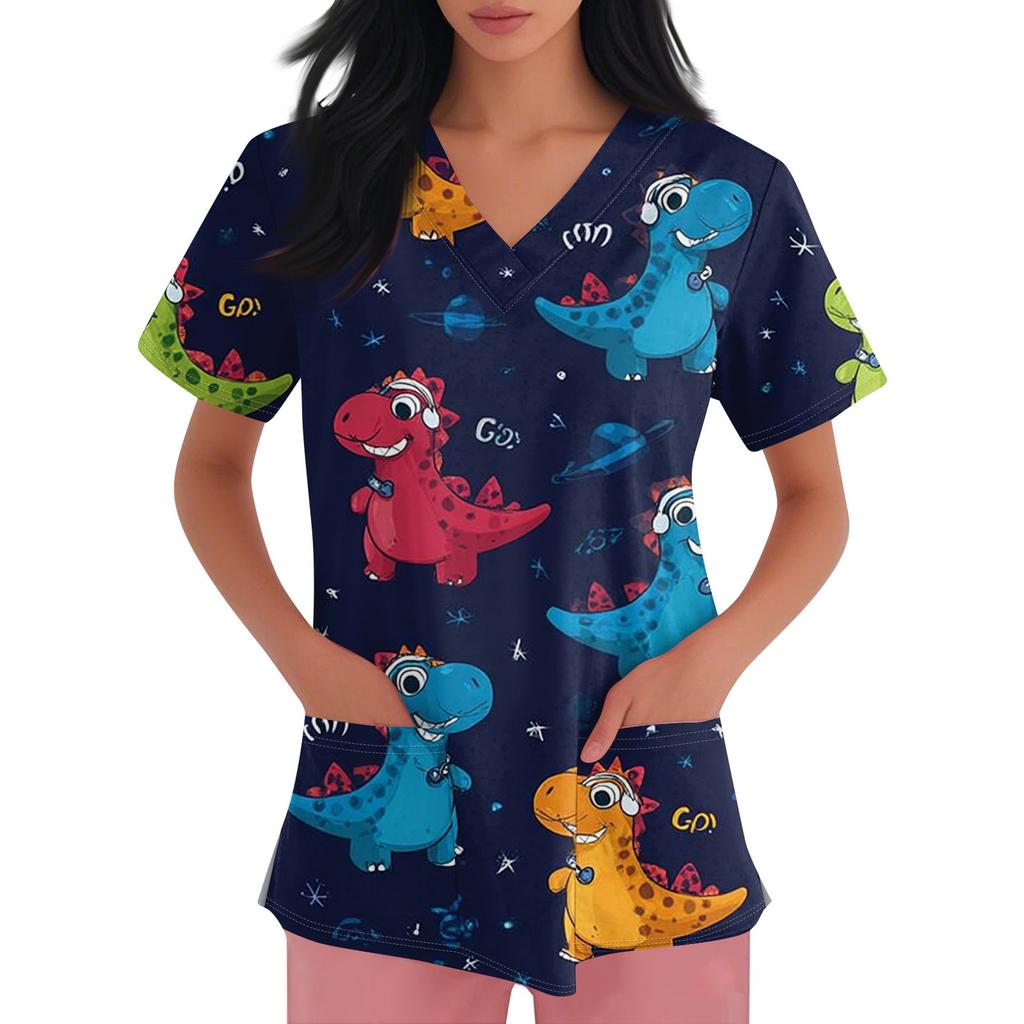 Dámské pracovní oblečení s výstřihem do V a krátkým rukávem s potiskem, s bočními kapsami s rozparky a uniformy