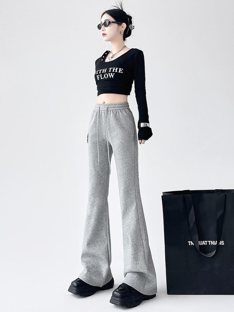 Pantaloni evazați retro americani pentru femei, toamnă, eleganti, pantaloni sport slim fit, gri, lungi, largi