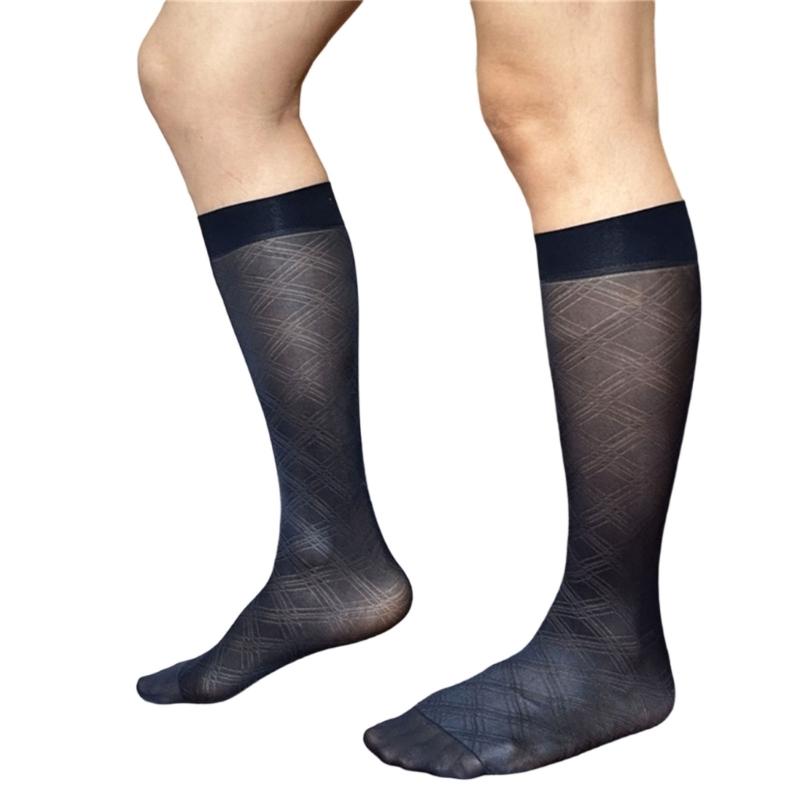 Men's Breathable Nylon Thin Dress Socks with Argyle Pattern Design Middle Calf Business Formal Socks Hosiery Gift